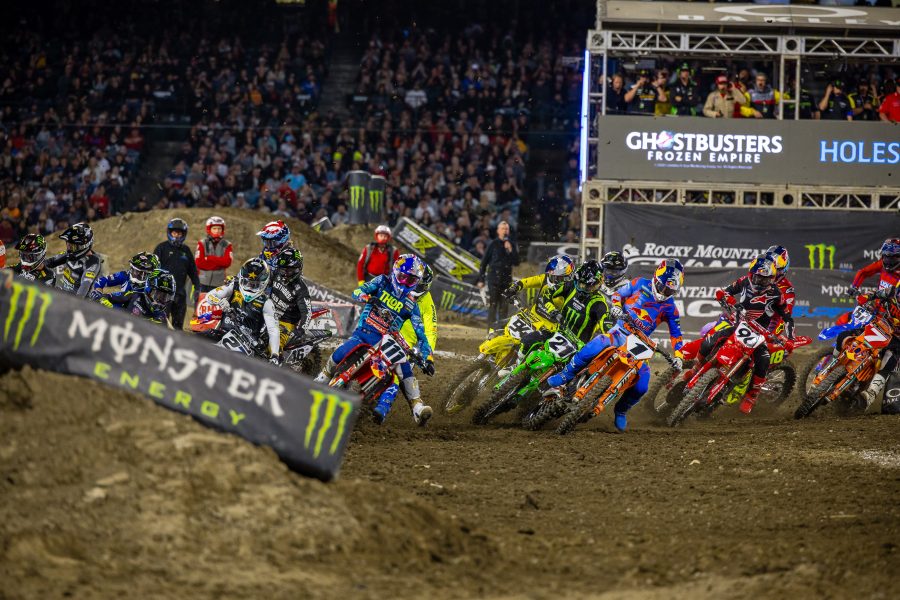 Supercross Racers Battling it out for first place in Anaheim Race 2024